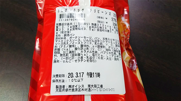 ホットドッグの成分表